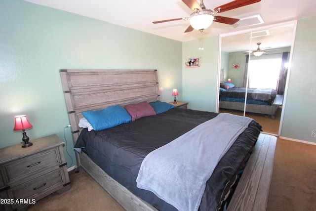 2434 E San Manuel Rd, San Tan Valley, AZ 85143 - bedroom featuring a closet, visible vents, a ceiling fan, and carpet floors