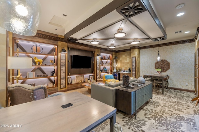 carpeted living area with baseboards, wallpapered walls, and visible vents