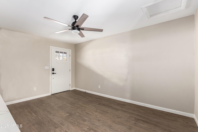 entrance foyer with ceiling fan and dark hardwood / wood-style flooring