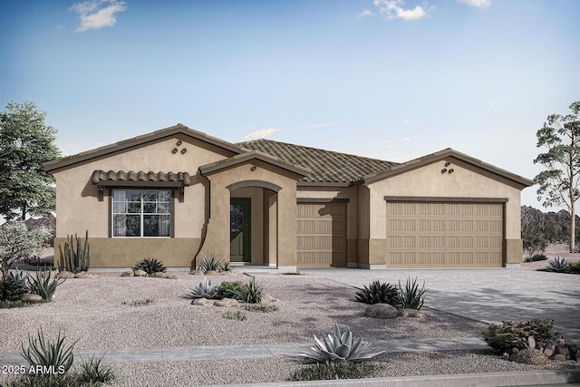 mediterranean / spanish-style home featuring a garage, stucco siding, decorative driveway, and a tiled roof