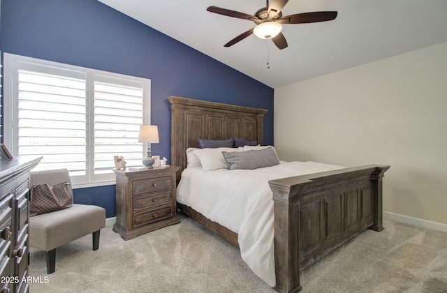 12041 S 45th St, Phoenix, AZ 85044 - bedroom with light carpet, ceiling fan, baseboards, and vaulted ceiling