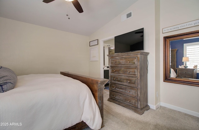 12041 S 45th St, Phoenix, AZ 85044 - carpeted bedroom featuring visible vents, baseboards, vaulted ceiling, and a ceiling fan