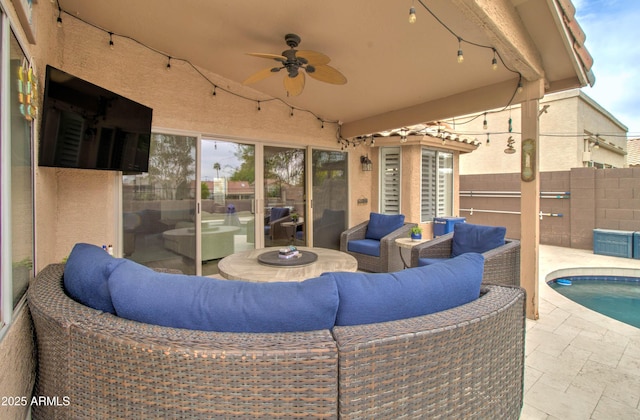 12041 S 45th St, Phoenix, AZ 85044 - view of patio / terrace featuring an outdoor living space, fence, ceiling fan, and a fenced in pool