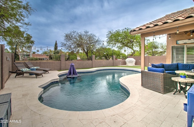 12041 S 45th St, Phoenix, AZ 85044 - view of swimming pool featuring a patio area, a fenced backyard, and an outdoor living space