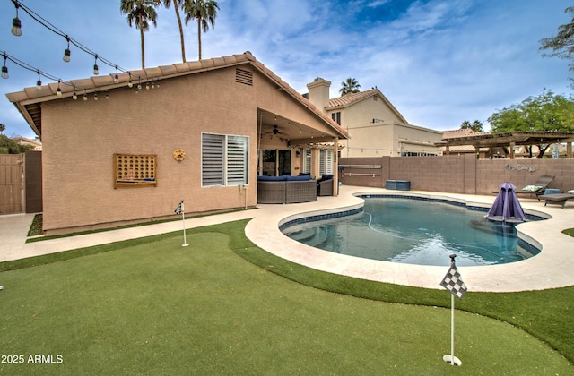 12041 S 45th St, Phoenix, AZ 85044 - view of swimming pool featuring a fenced in pool, a patio, a fenced backyard, and ceiling fan