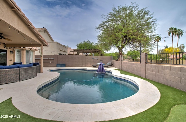 12041 S 45th St, Phoenix, AZ 85044 - view of pool featuring a patio area, a fenced backyard, a ceiling fan, and a fenced in pool