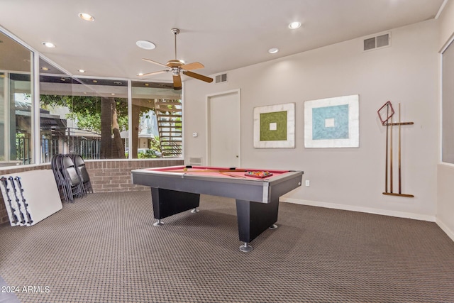 game room featuring ceiling fan, dark carpet, and billiards