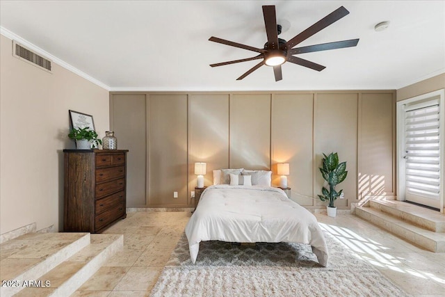 2923 N 63rd St, Mesa, AZ 85215 - bedroom with ornamental molding, visible vents, a decorative wall, and ceiling fan