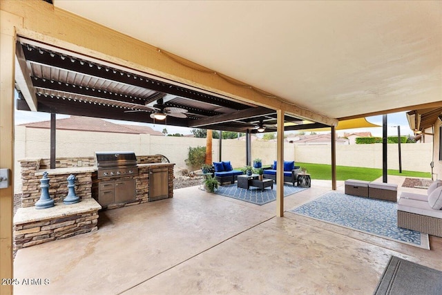 2923 N 63rd St, Mesa, AZ 85215 - view of patio with ceiling fan, a fenced backyard, an outdoor hangout area, and area for grilling