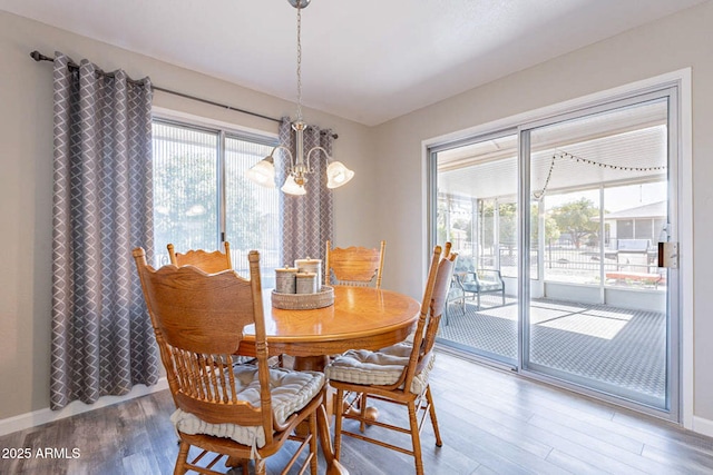 dining area with plenty of natural light, hardwood / wood-style floors, and a chandelier