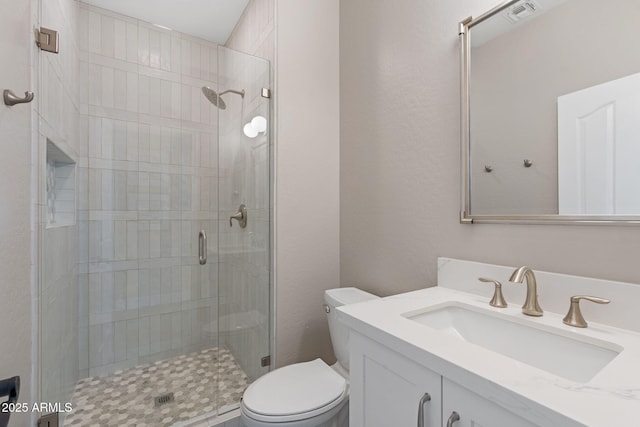 full bath featuring visible vents, toilet, a stall shower, and vanity