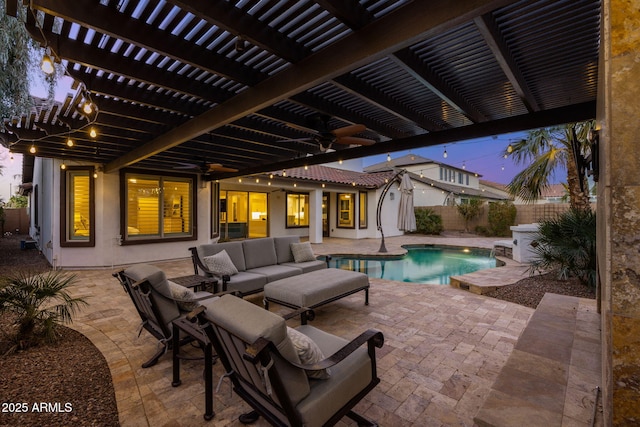 pool at dusk featuring a fenced in pool, outdoor lounge area, a fenced backyard, a pergola, and a patio