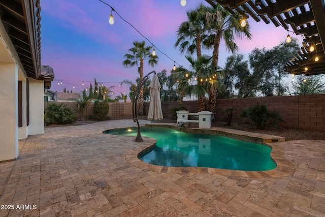 pool at dusk featuring a fenced in pool, a patio, and a fenced backyard