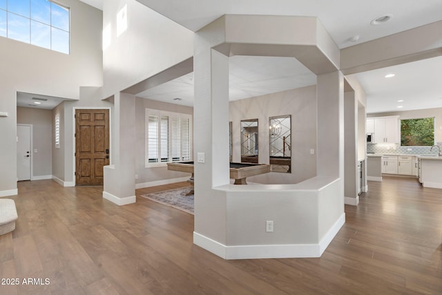 foyer entrance with baseboards, plenty of natural light, and wood finished floors