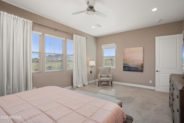 bedroom with recessed lighting, light carpet, baseboards, visible vents, and a ceiling fan