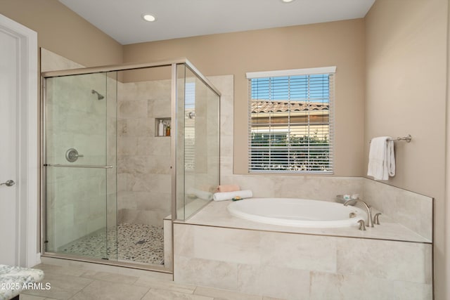 full bathroom featuring a bath, tile patterned flooring, a shower stall, and recessed lighting