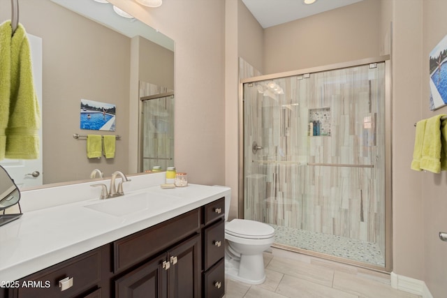 bathroom with a stall shower, toilet, tile patterned flooring, and vanity