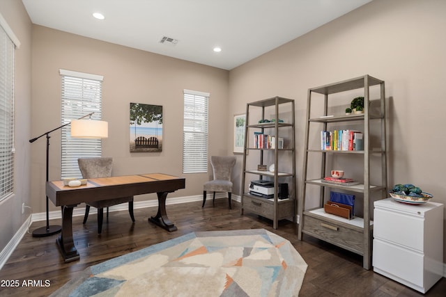 office space with recessed lighting, visible vents, dark wood-style flooring, and baseboards