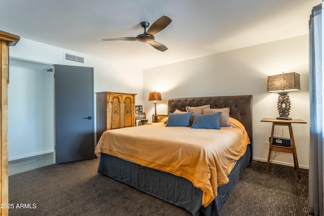 carpeted bedroom featuring ceiling fan