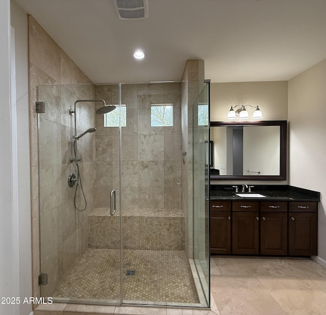 18515 N 94th St, Scottsdale, AZ 85255 - full bathroom with vanity, tile patterned floors, visible vents, and a stall shower