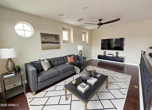 18515 N 94th St, Scottsdale, AZ 85255 - living room with visible vents, baseboards, wood finished floors, and ceiling fan