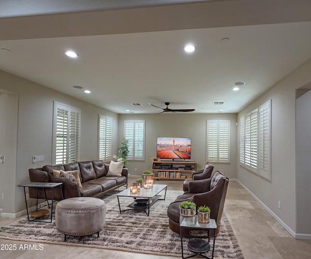 18515 N 94th St, Scottsdale, AZ 85255 - living room featuring baseboards, a wealth of natural light, a ceiling fan, and recessed lighting