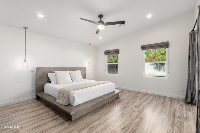 bedroom featuring recessed lighting, baseboards, visible vents, and light wood finished floors