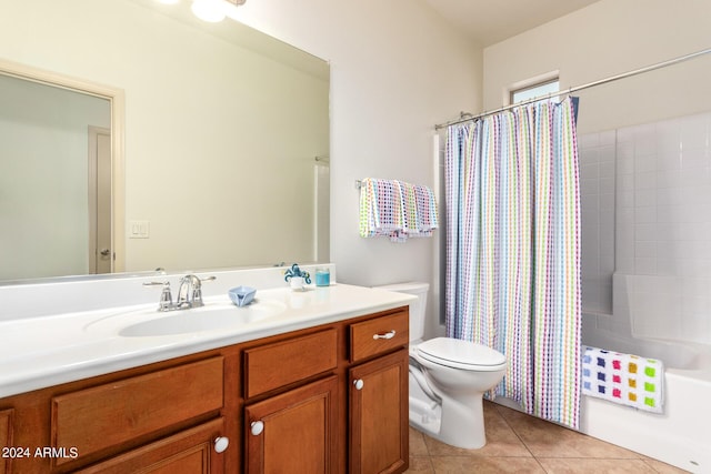 full bathroom with shower / bath combination with curtain, tile patterned flooring, vanity, and toilet