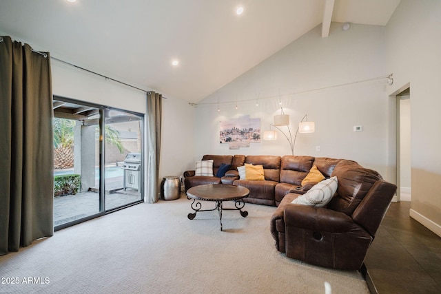 living area with recessed lighting, high vaulted ceiling, beamed ceiling, and baseboards