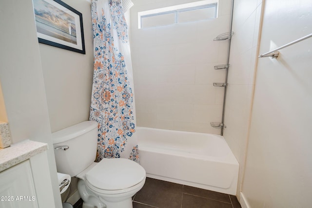 full bathroom featuring toilet, shower / bath combo, and tile patterned floors