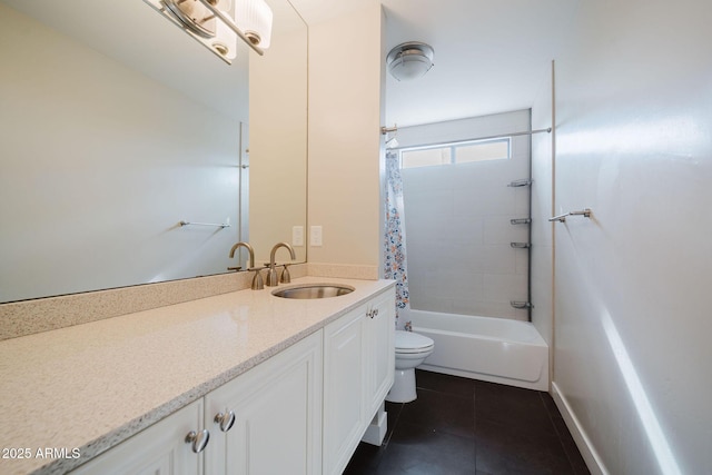 full bath with tile patterned floors, shower / tub combo with curtain, toilet, and vanity