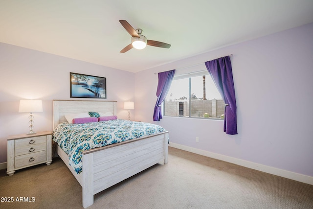 bedroom featuring carpet, ceiling fan, and baseboards
