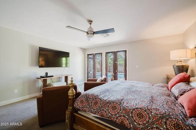 carpeted bedroom with access to outside, baseboards, visible vents, a ceiling fan, and french doors