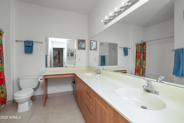 bathroom featuring toilet, vanity, walk in shower, and tile patterned flooring