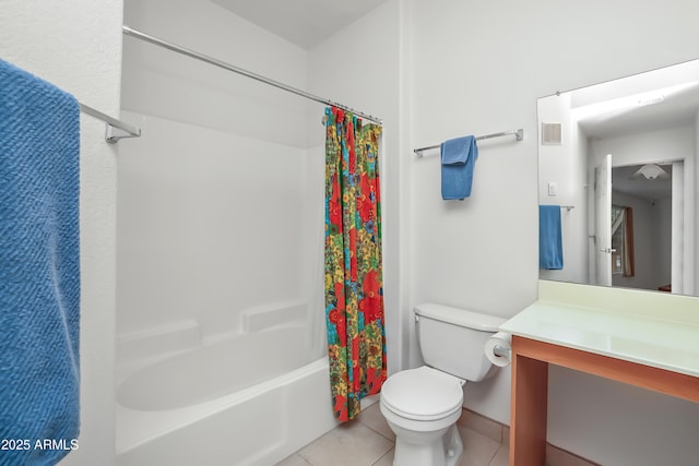 full bathroom with toilet, vanity, tile patterned floors, and shower / bath combination with curtain