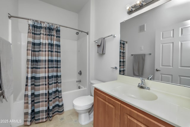 full bathroom with toilet, vanity, and shower / bath combination with curtain