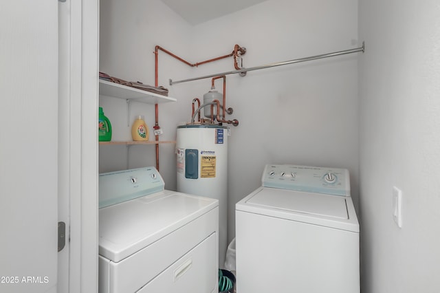 laundry room featuring water heater and washing machine and clothes dryer