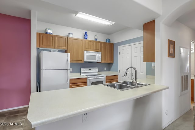 kitchen with sink, white appliances, and kitchen peninsula