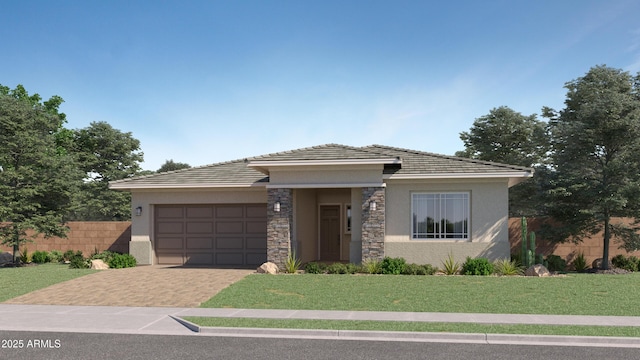view of front of home with a front lawn, fence, stucco siding, decorative driveway, and a garage