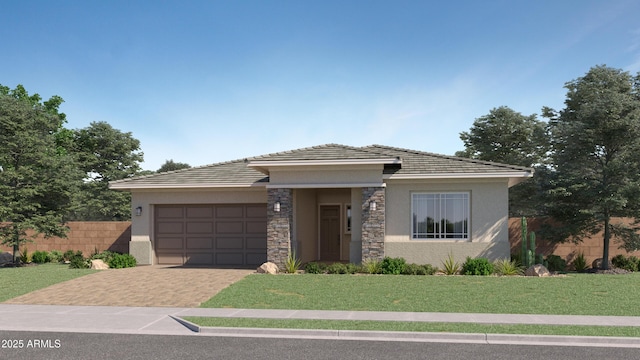 view of front facade featuring a garage, fence, decorative driveway, a front lawn, and stucco siding