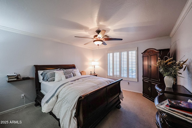 bedroom with ceiling fan and crown molding