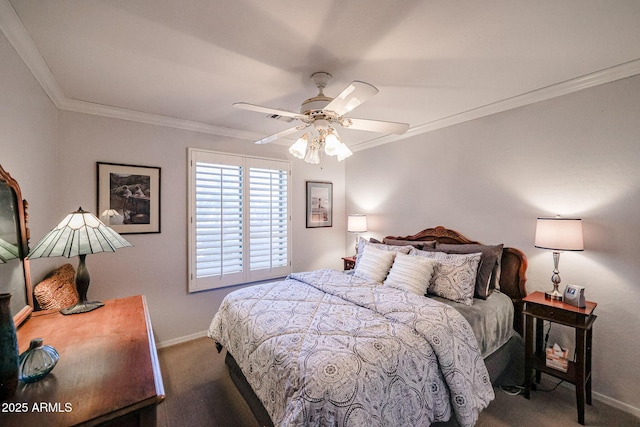 bedroom with dark carpet, ceiling fan, and ornamental molding