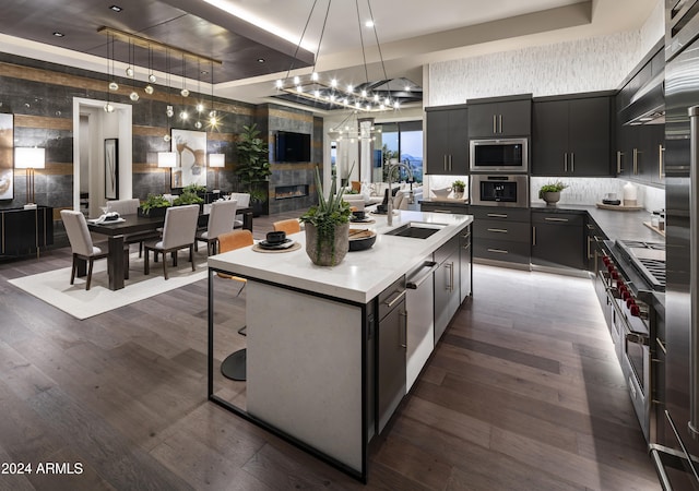 kitchen with dark hardwood / wood-style flooring, stainless steel appliances, a kitchen island with sink, sink, and hanging light fixtures