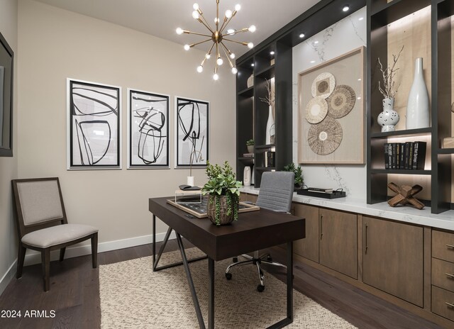 office area featuring dark hardwood / wood-style flooring and a notable chandelier