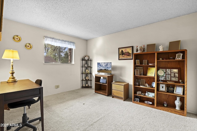 carpeted home office with a textured ceiling