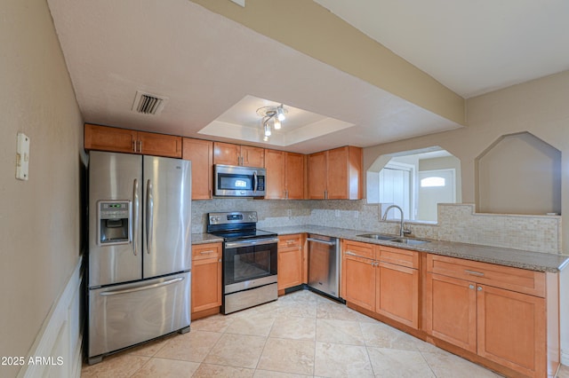 406 E Saguaro St, Casa Grande, AZ 85122 - kitchen with sink, light stone counters, a raised ceiling, stainless steel appliances, and decorative backsplash