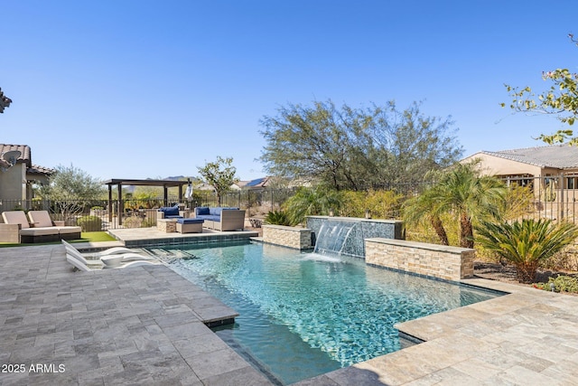 view of pool featuring a fenced in pool, a patio, outdoor lounge area, and fence