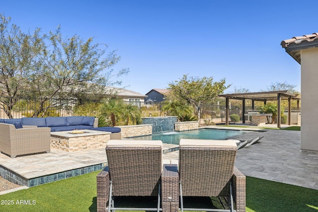 view of pool featuring a fenced in pool, a patio, an outdoor living space with a fire pit, and a fenced backyard