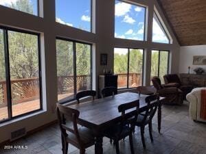 dining space featuring high vaulted ceiling, visible vents, a healthy amount of sunlight, and wooden ceiling