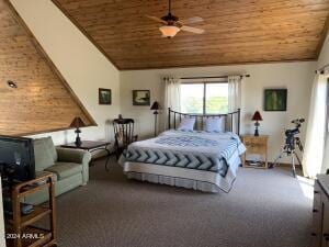 carpeted bedroom with lofted ceiling, ceiling fan, and wood ceiling